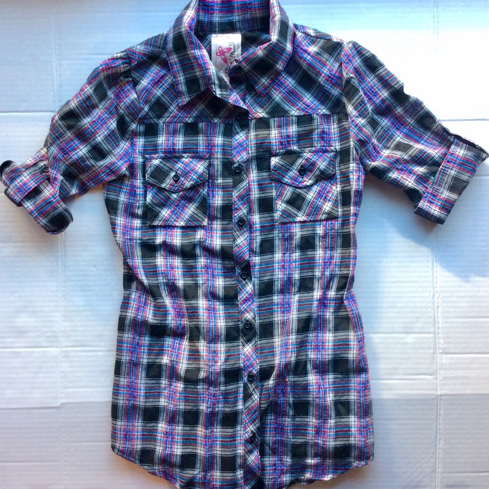 KnitWorks Girls Plaid Button Up Shirt Sz S (7/8)